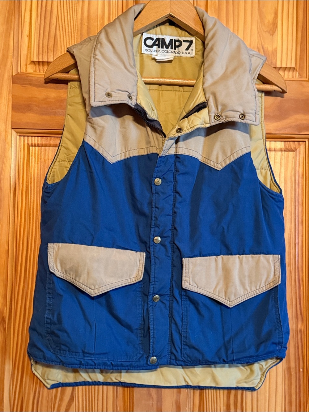 CAMP 7 Vintage Two-Tone Puffer Vest in Blue and Tan